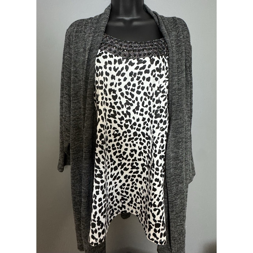 C.D. Daniels Charcoal Grey Knit Cardigan Faux Layered Print 3/4 Sleeve Women 1X